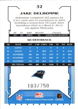 2006 Score - Scorecard #32 Jake Delhomme Back