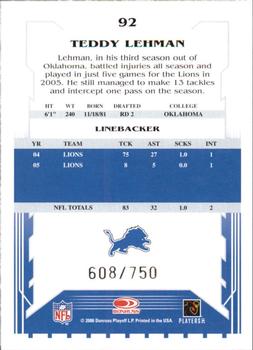 2006 Score - Scorecard #92 Teddy Lehman Back