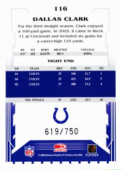 2006 Score - Scorecard #116 Dallas Clark Back