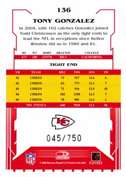 2006 Score - Scorecard #136 Tony Gonzalez Back