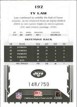 2006 Score - Scorecard #192 Ty Law Back
