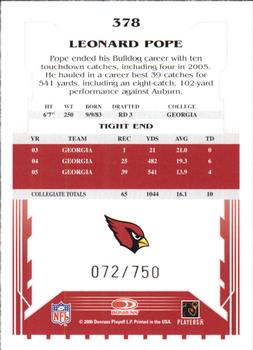 2006 Score - Scorecard #378 Leonard Pope Back