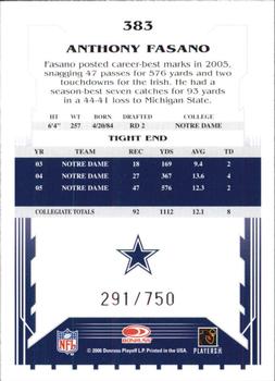 2006 Score - Scorecard #383 Anthony Fasano Back