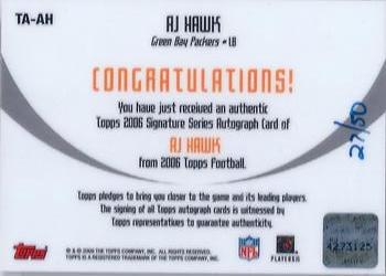 2006 Topps - Signature Series #TA-AH A.J. Hawk Back