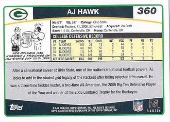 2006 Topps - Special Edition Rookies #360 A.J. Hawk Back
