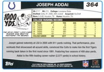 2006 Topps - Special Edition Rookies #364 Joseph Addai Back