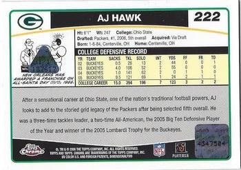 2006 Topps Chrome - Rookie Autographs Printing Plates Black #222 A.J. Hawk Back
