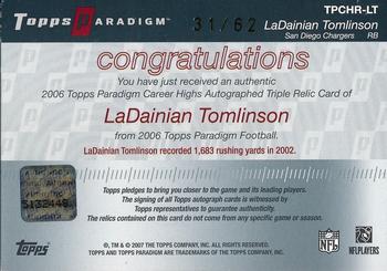2006 Topps Paradigm - Career Highs Triple Jersey Autographs #TPCHR-LT LaDainian Tomlinson Back