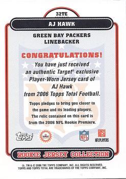 2006 Topps Total - Rookie Jersey Collection #32TE A.J. Hawk Back