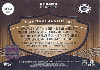 2006 Topps Triple Threads - Autographed Relic Gold #TTRA-26 A.J. Hawk Back