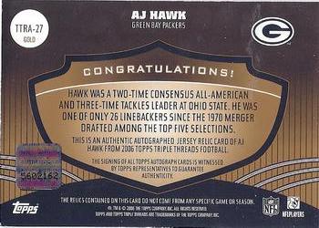2006 Topps Triple Threads - Autographed Relic Gold #TTRA-27 A.J. Hawk Back