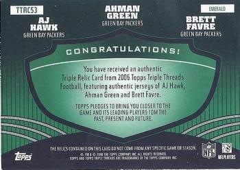 2006 Topps Triple Threads - Relic Combos Emerald #TTRC53 Brett Favre / Ahman Green / A.J. Hawk Back