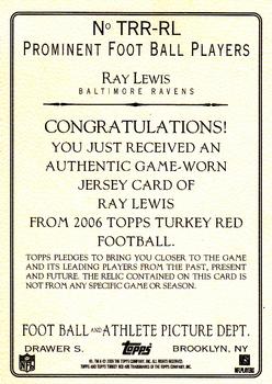 2006 Topps Turkey Red - Relics Gray #TRR-RL Ray Lewis Back