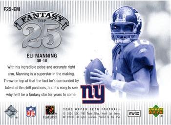 2006 Upper Deck - Fantasy Top 25 #F25-EM Eli Manning Back