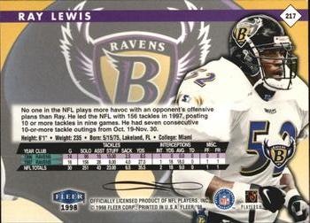 1998 Fleer Tradition #217 Ray Lewis Back
