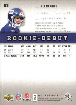 2006 Upper Deck Rookie Debut - Holofoil #63 Eli Manning Back