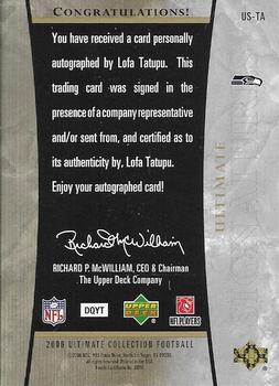 2006 Upper Deck Ultimate Collection - Ultimate Signatures #US-TA Lofa Tatupu Back