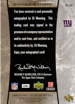 2006 Upper Deck Ultimate Collection - Ultimate Signatures #US-EM Eli Manning Back