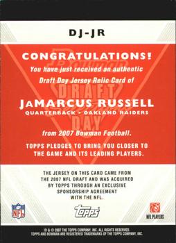 2007 Bowman - Draft Day Selections Relics #DJ-JR JaMarcus Russell Back