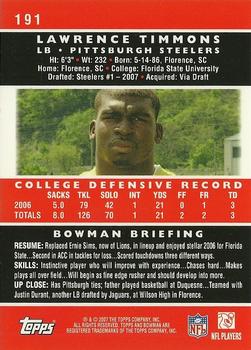 2007 Bowman - Gold #191 Lawrence Timmons Back