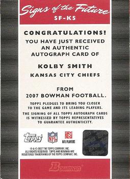 2007 Bowman - Signs of the Future #SF-KS Kolby Smith Back