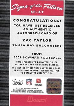 2007 Bowman - Signs of the Future #SF-ZT Zac Taylor Back