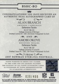 2007 Bowman Sterling - Dual Autograph Gold Refractors #BSHC-BO Alan Branch / Amobi Okoye Back