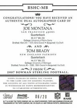 2007 Bowman Sterling - Dual Autograph Gold Refractors #BSHC-MB Joe Montana / Tom Brady Back