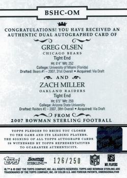 2007 Bowman Sterling - Dual Autograph Gold Refractors #BSHC-OM Greg Olsen / Zach Miller Back