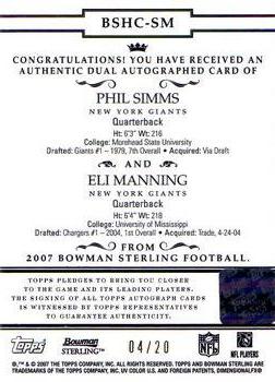 2007 Bowman Sterling - Dual Autograph Gold Refractors #BSHC-SM Phil Simms / Eli Manning Back