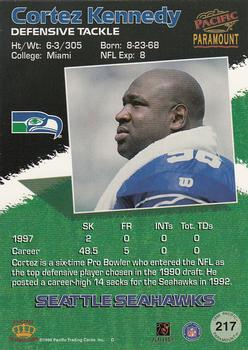 1998 Pacific Paramount #217 Cortez Kennedy Back