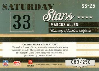 2007 Donruss Classics - Saturday Stars Jerseys #SS-25 Marcus Allen Back