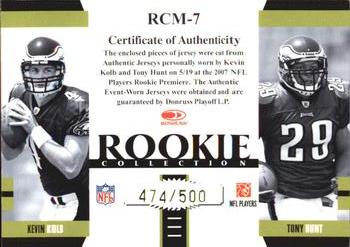 2007 Donruss Threads - Rookie Collection Materials Combo #RCM-7 Kevin Kolb / Tony Hunt Back