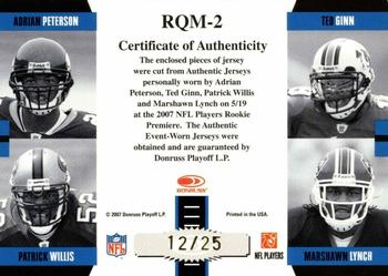 2007 Donruss Threads - Rookie Collection Materials Quad Prime #2 Adrian Peterson / Ted Ginn / Patrick Willis / Marshawn Lynch Back