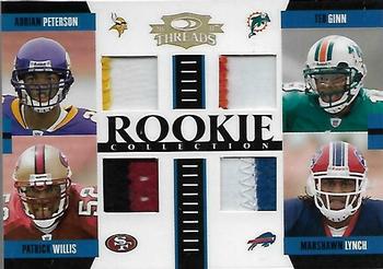 2007 Donruss Threads - Rookie Collection Materials Quad Prime #2 Adrian Peterson / Ted Ginn / Patrick Willis / Marshawn Lynch Front