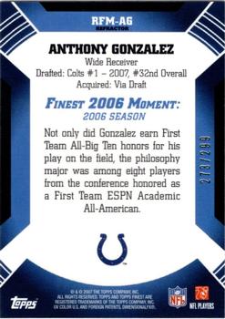 2007 Finest - Moments Blue Refractors #RFM-AG Anthony Gonzalez Back