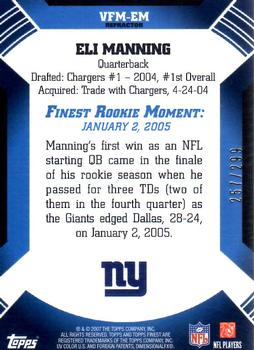 2007 Finest - Moments Blue Refractors #VFM-EM Eli Manning Back