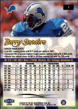 1998 Ultra #1 Barry Sanders Back