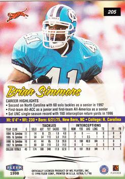 1998 Ultra #205 Brian Simmons Back