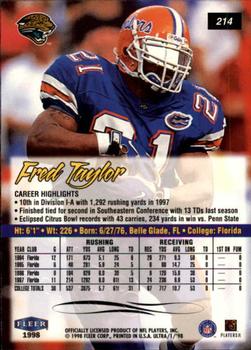 1998 Ultra #214 Fred Taylor Back