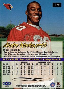 1998 Ultra #418 Andre Wadsworth Back