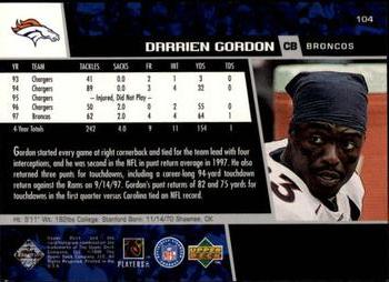 1998 Upper Deck #104 Darrien Gordon Back