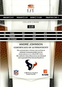 2007 Leaf Certified Materials - Mirror Black Materials #115 Andre Johnson Back