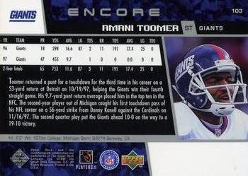 1998 Upper Deck Encore #103 Amani Toomer Back