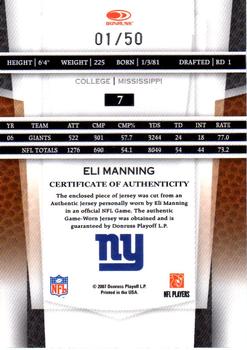 2007 Leaf Certified Materials - Mirror Blue Materials #7 Eli Manning Back