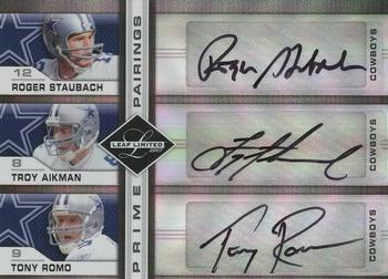 2007 Leaf Limited - Prime Pairings Autographs #PP-8 Roger Staubach / Troy Aikman / Tony Romo Front