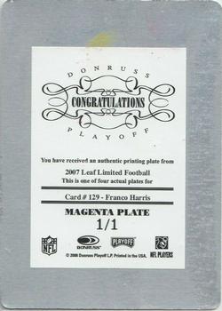 2007 Leaf Limited - Printing Plates Magenta #129 Franco Harris Back