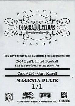 2007 Leaf Limited - Printing Plates Magenta #236 Gary Russell Back