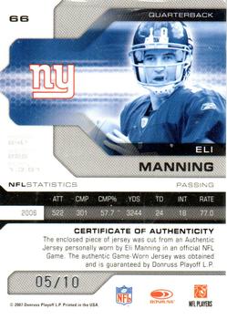 2007 Leaf Limited - Threads Prime Jersey Number #66 Eli Manning Back