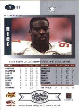 1999 Leaf Certified #1 Simeon Rice Back